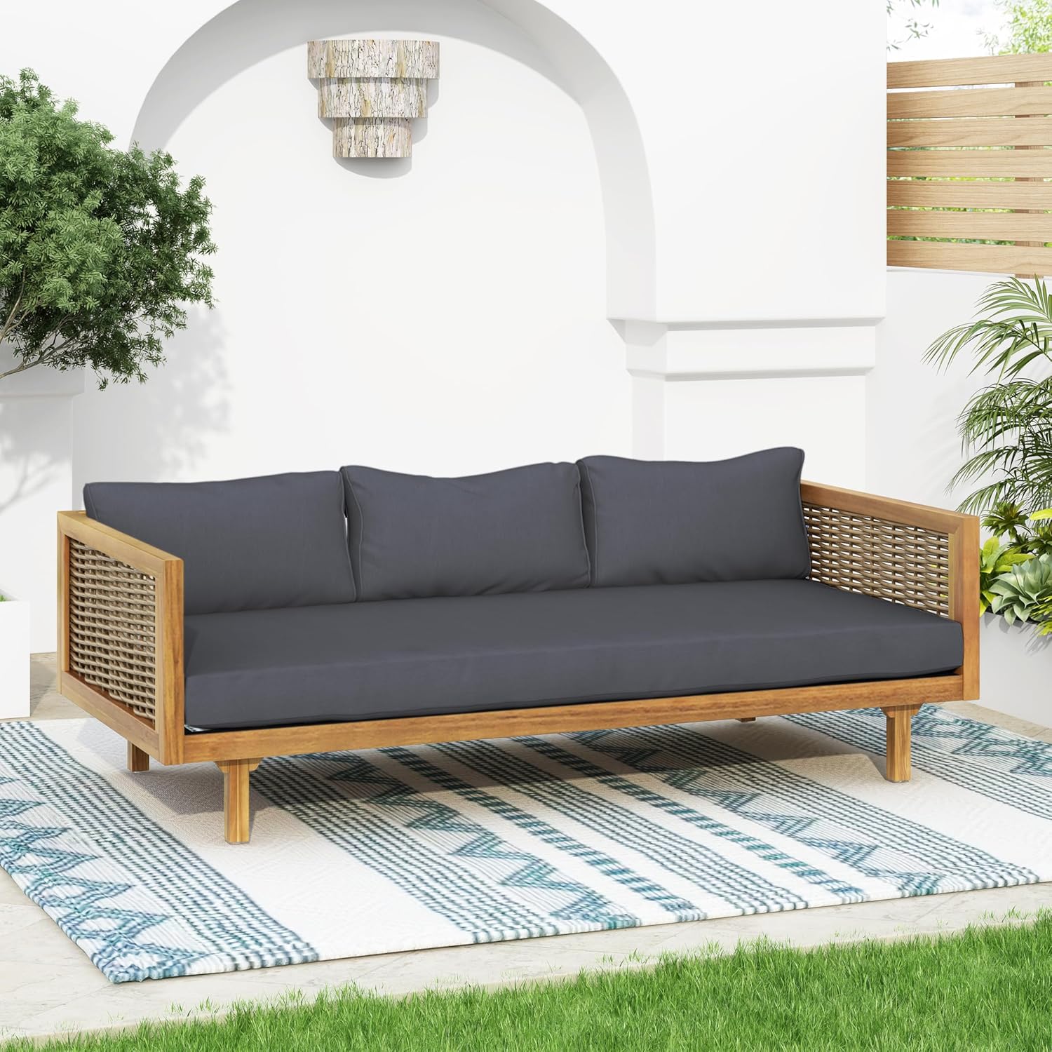 67.5" Outdoor Patio Daybed 3 Seater Sofa Bed,Acacia Wood Frame with Rattan Arm, Cushion & Pillow