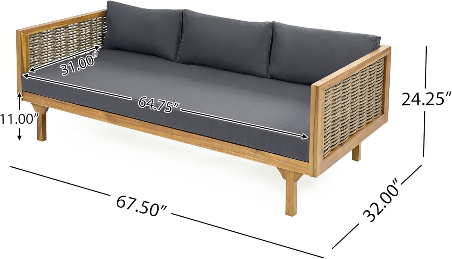67.5" Outdoor Patio Daybed 3 Seater Sofa Bed,Acacia Wood Frame with Rattan Arm, Cushion & Pillow
