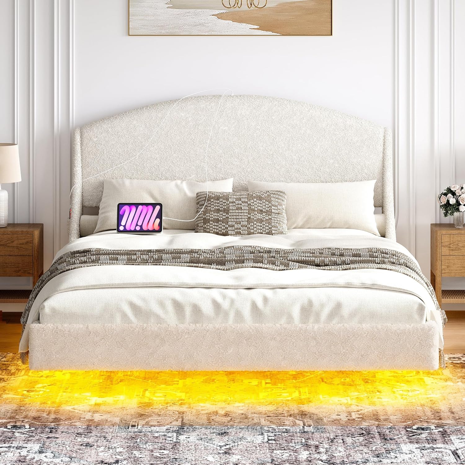 Full Size Floating LED Bed Frame with Curved Cloud Headboard