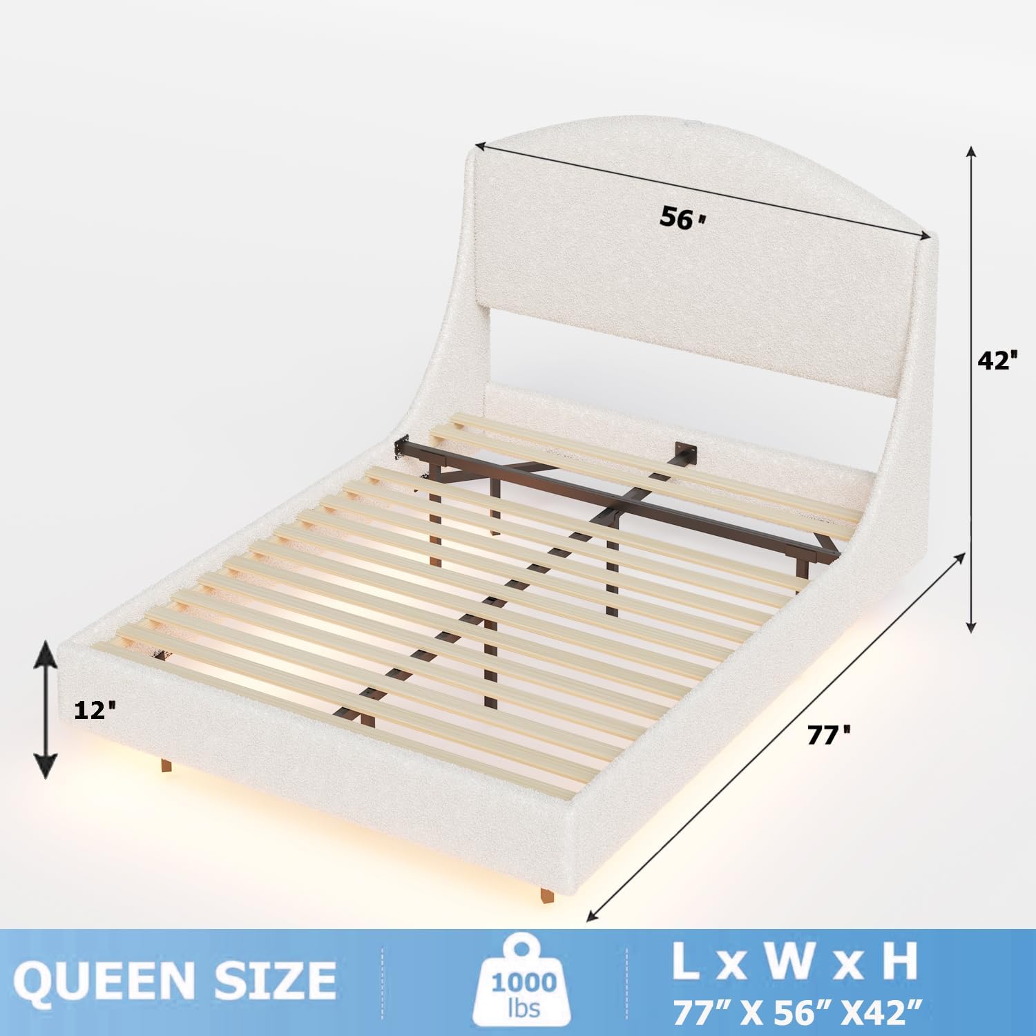 Full Size Floating LED Bed Frame with Curved Cloud Headboard