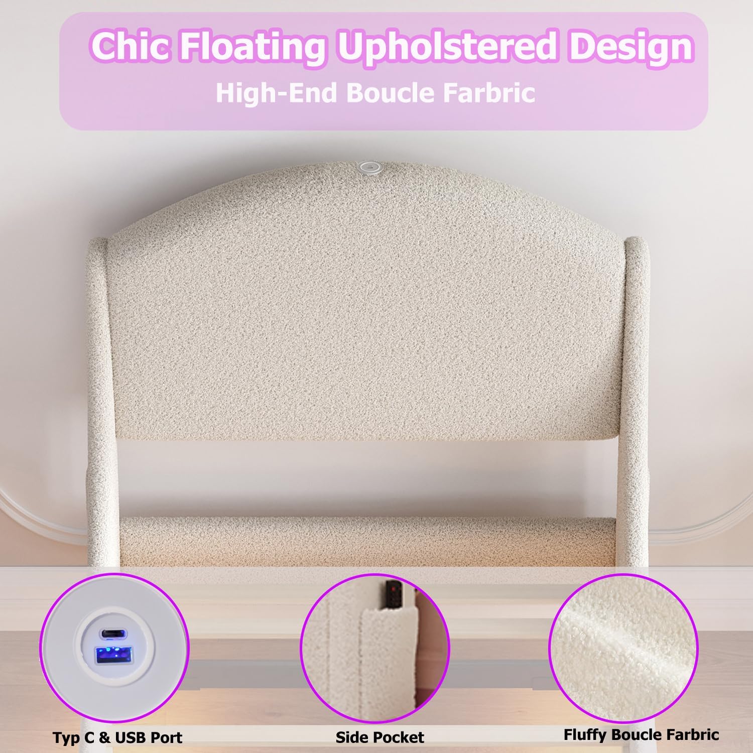 Full Size Floating LED Bed Frame with Curved Cloud Headboard