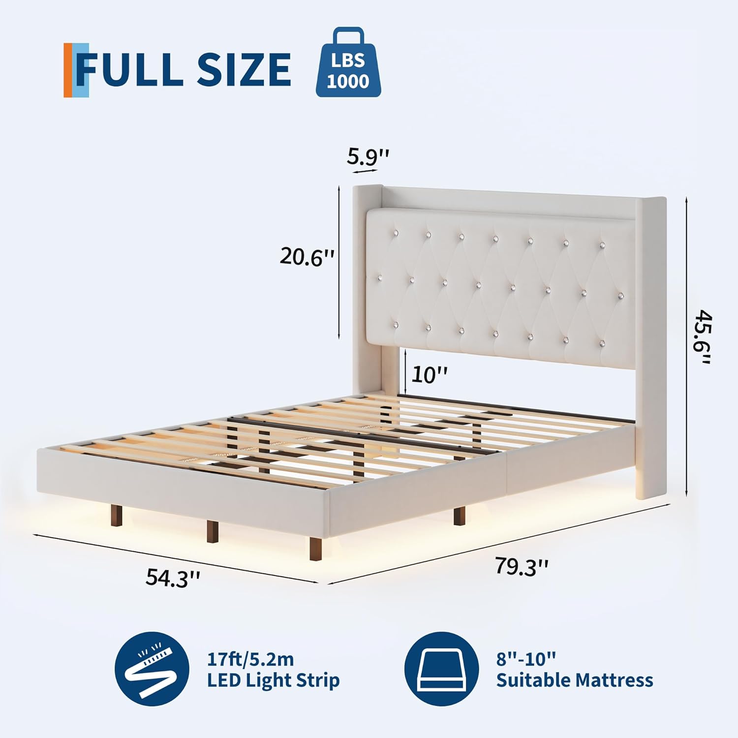 Full Floating Bed Frame with LED Lights