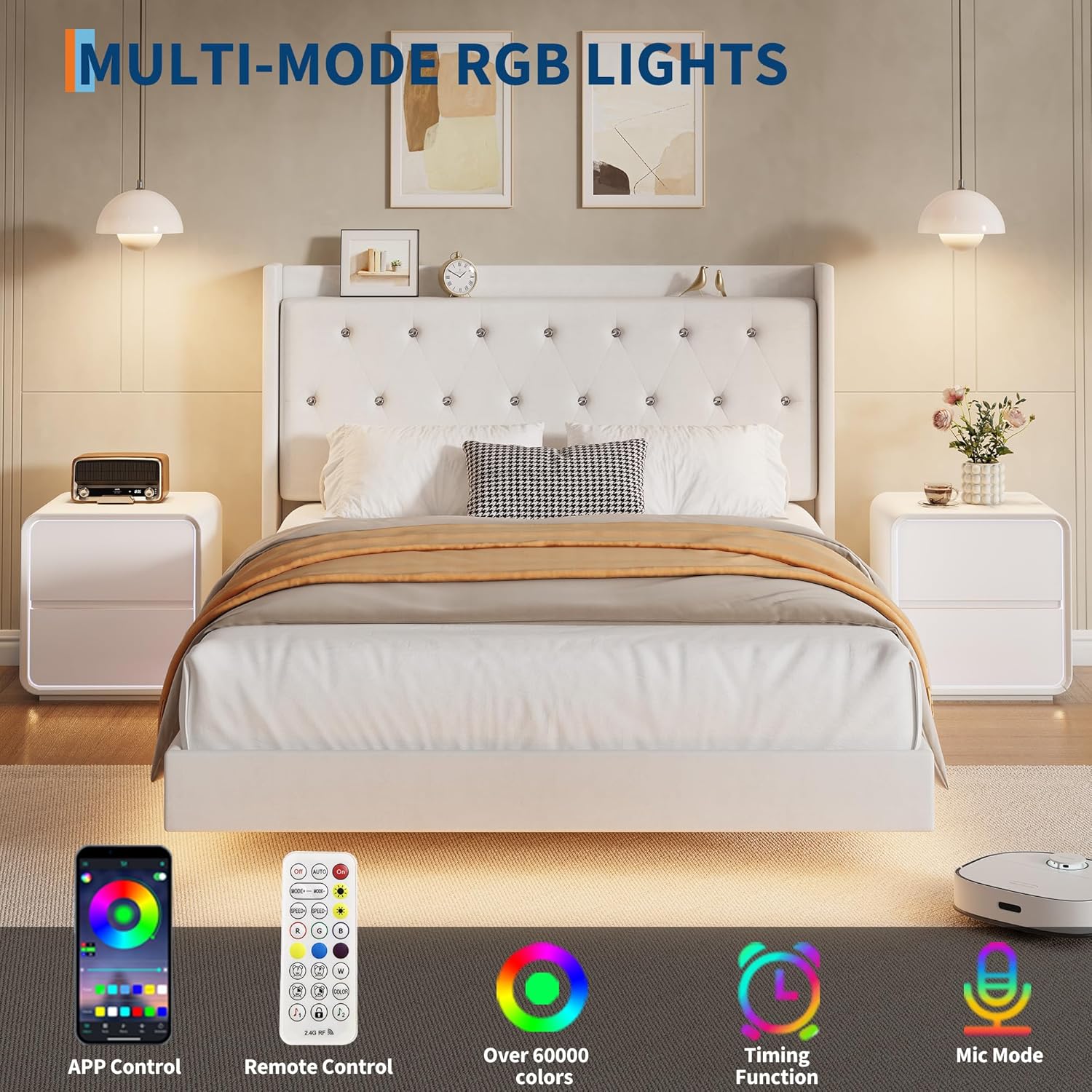 Full Floating Bed Frame with LED Lights