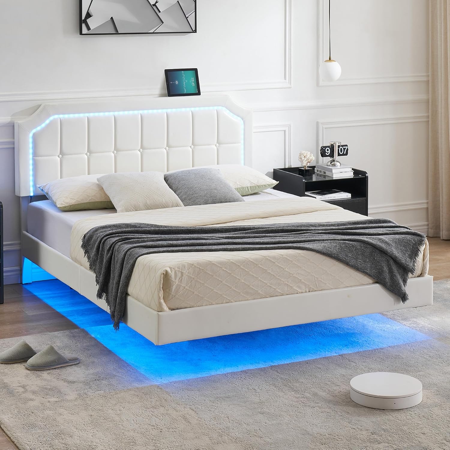 Modern Floating Led Queen Bed Frame with Upholstered Adjustable Headboard