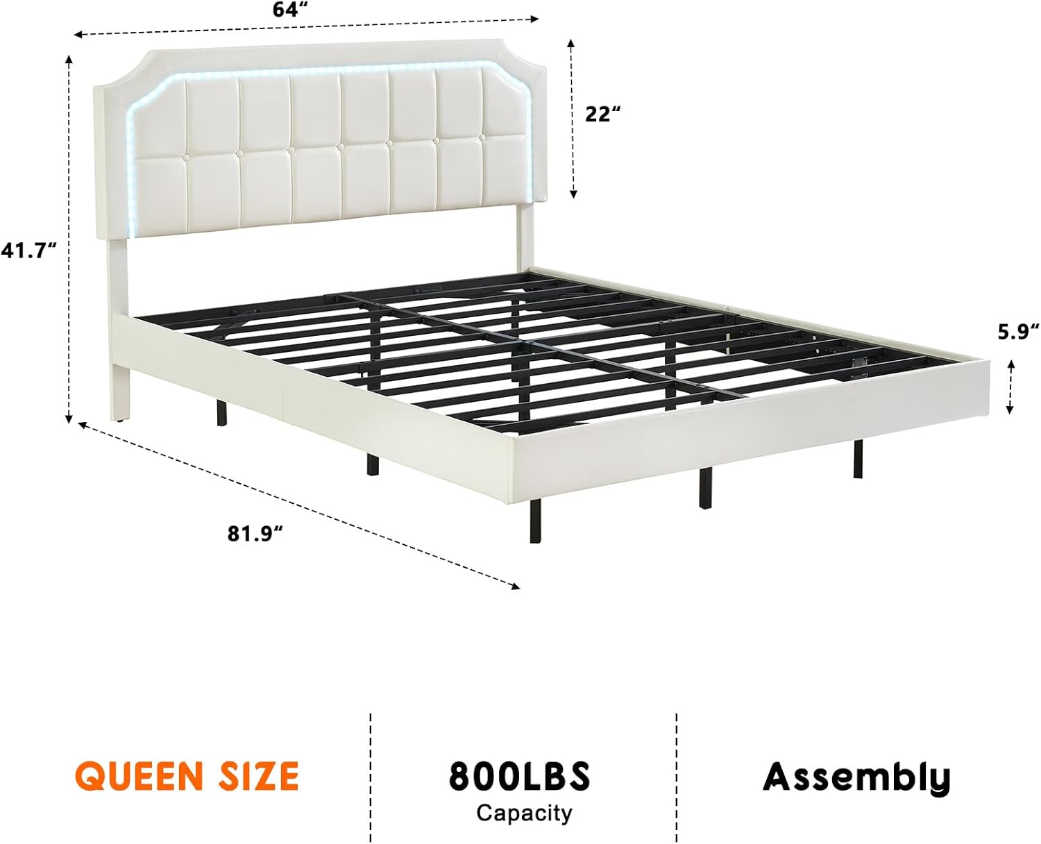 Modern Floating Led Queen Bed Frame with Upholstered Adjustable Headboard