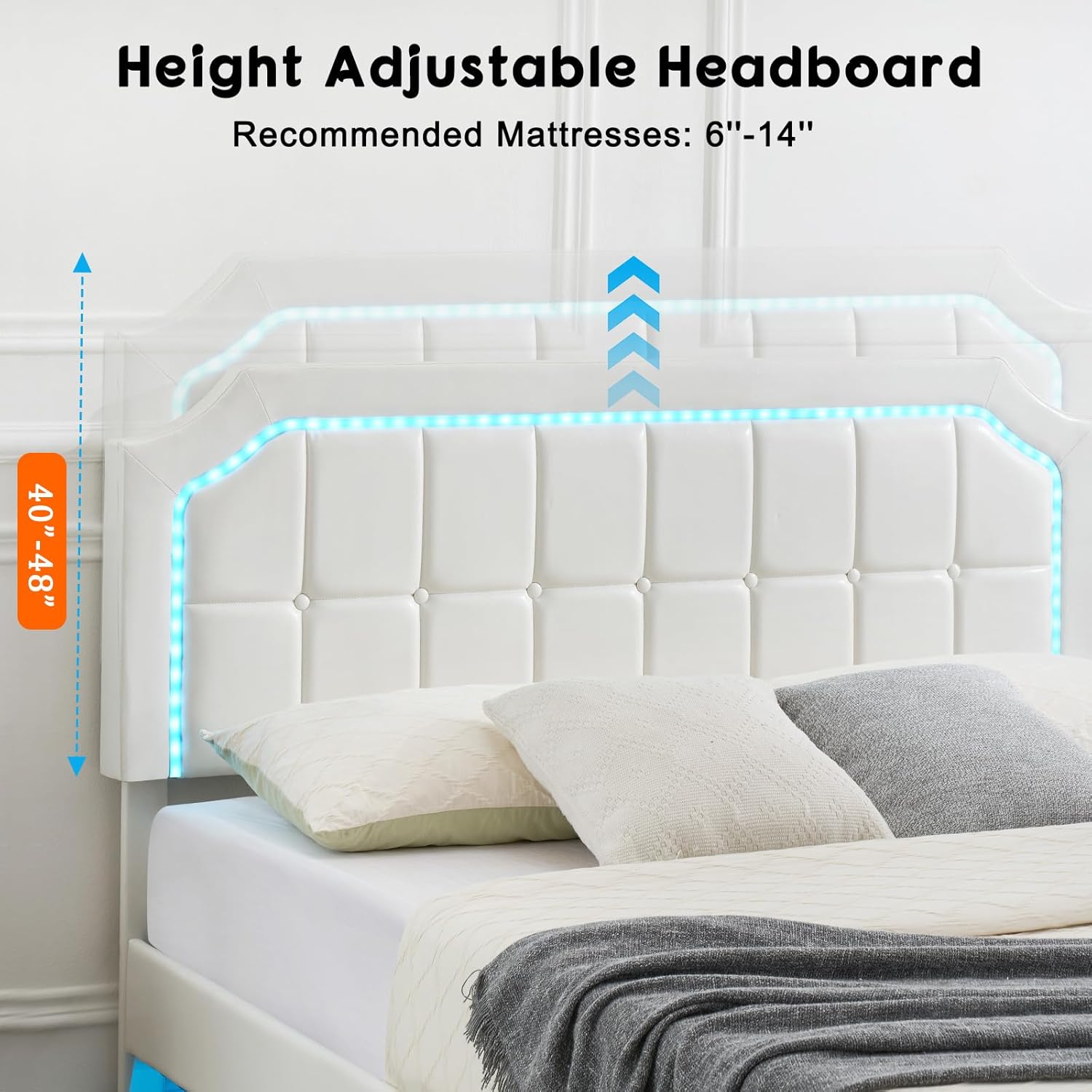 Modern Floating Led Queen Bed Frame with Upholstered Adjustable Headboard