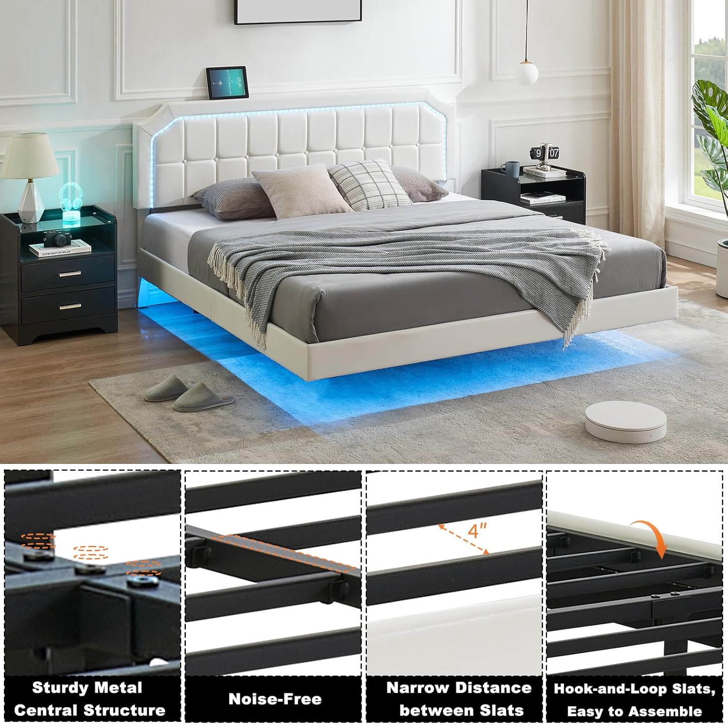 Modern Floating Led Queen Bed Frame with Upholstered Adjustable Headboard
