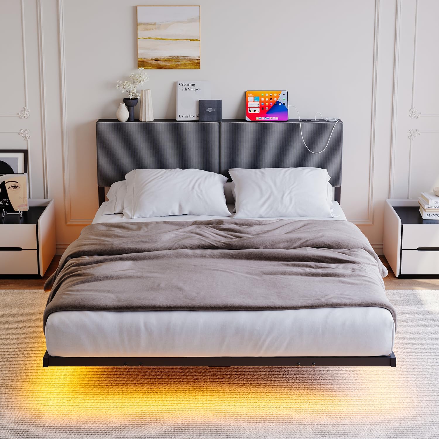 Floating Queen Size Bed Frame with Storage Headboard 