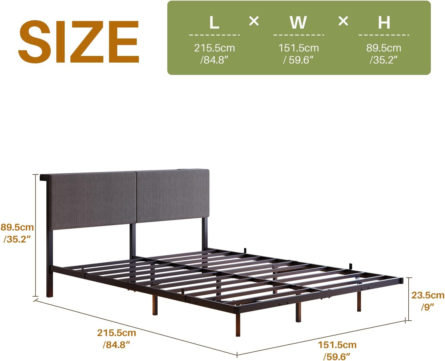Floating Queen Size Bed Frame with Storage Headboard 
