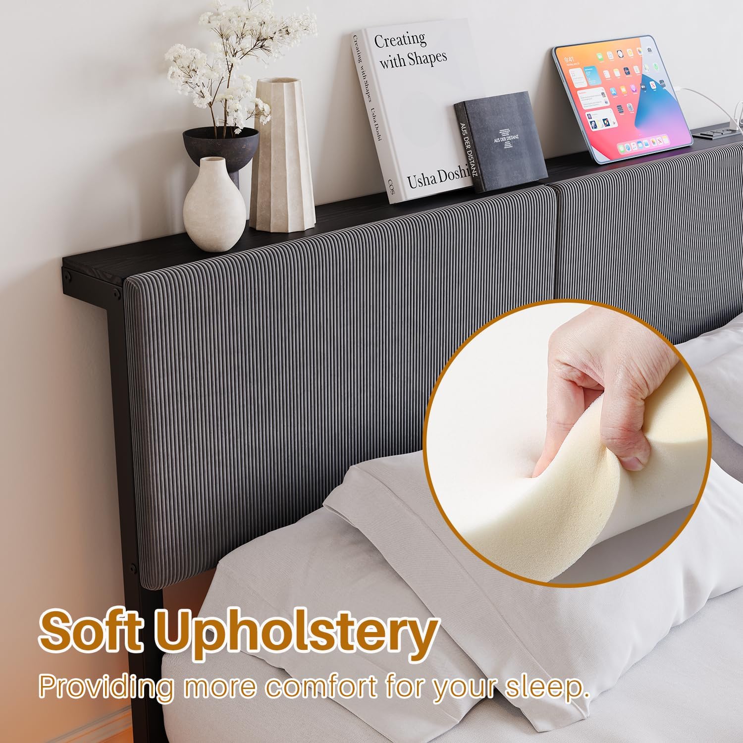 Floating Queen Size Bed Frame with Storage Headboard 
