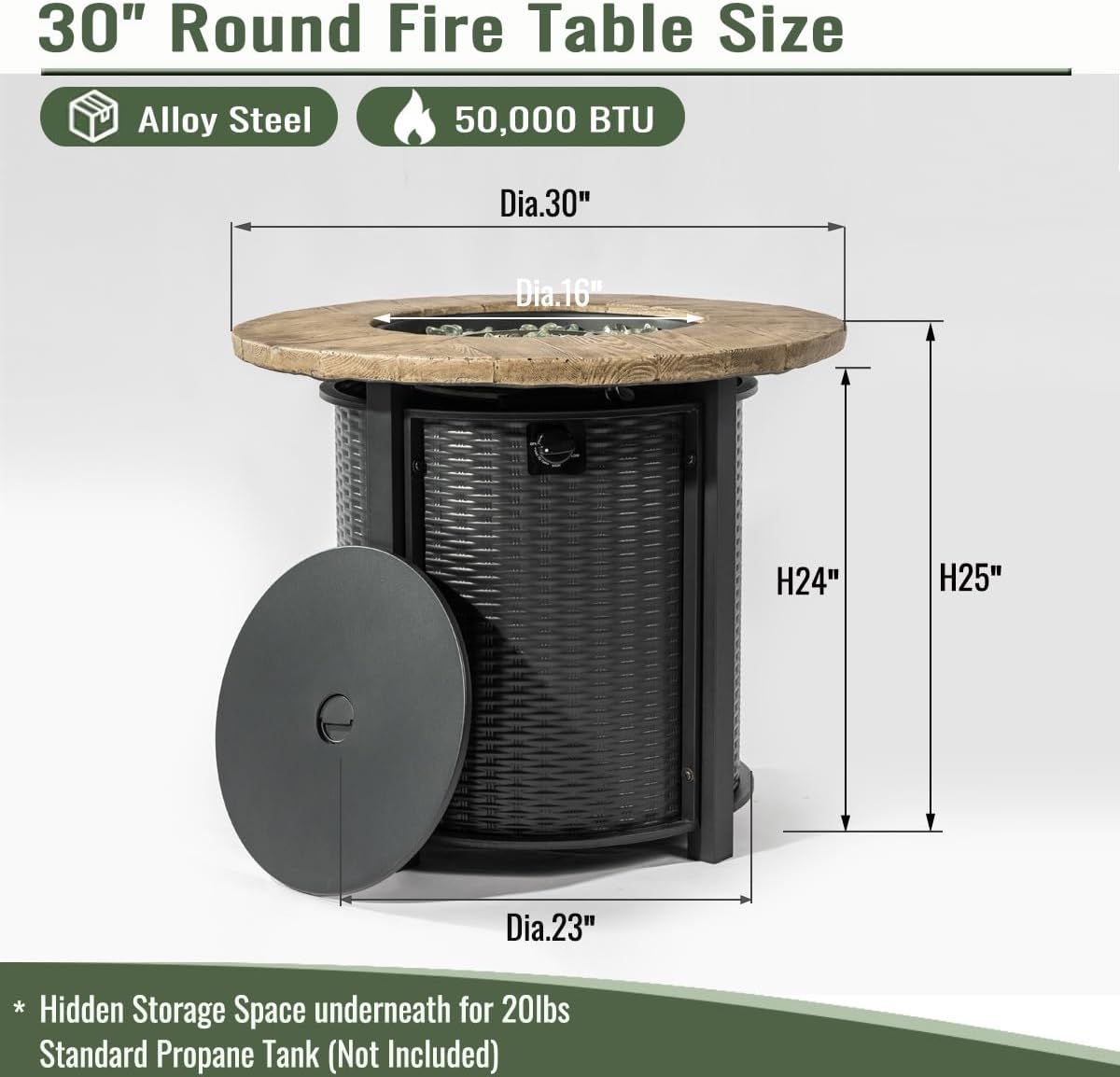 50000 BTU Round Steel Gas Fire Pits with Lid and Imitation Wood Grain Finish