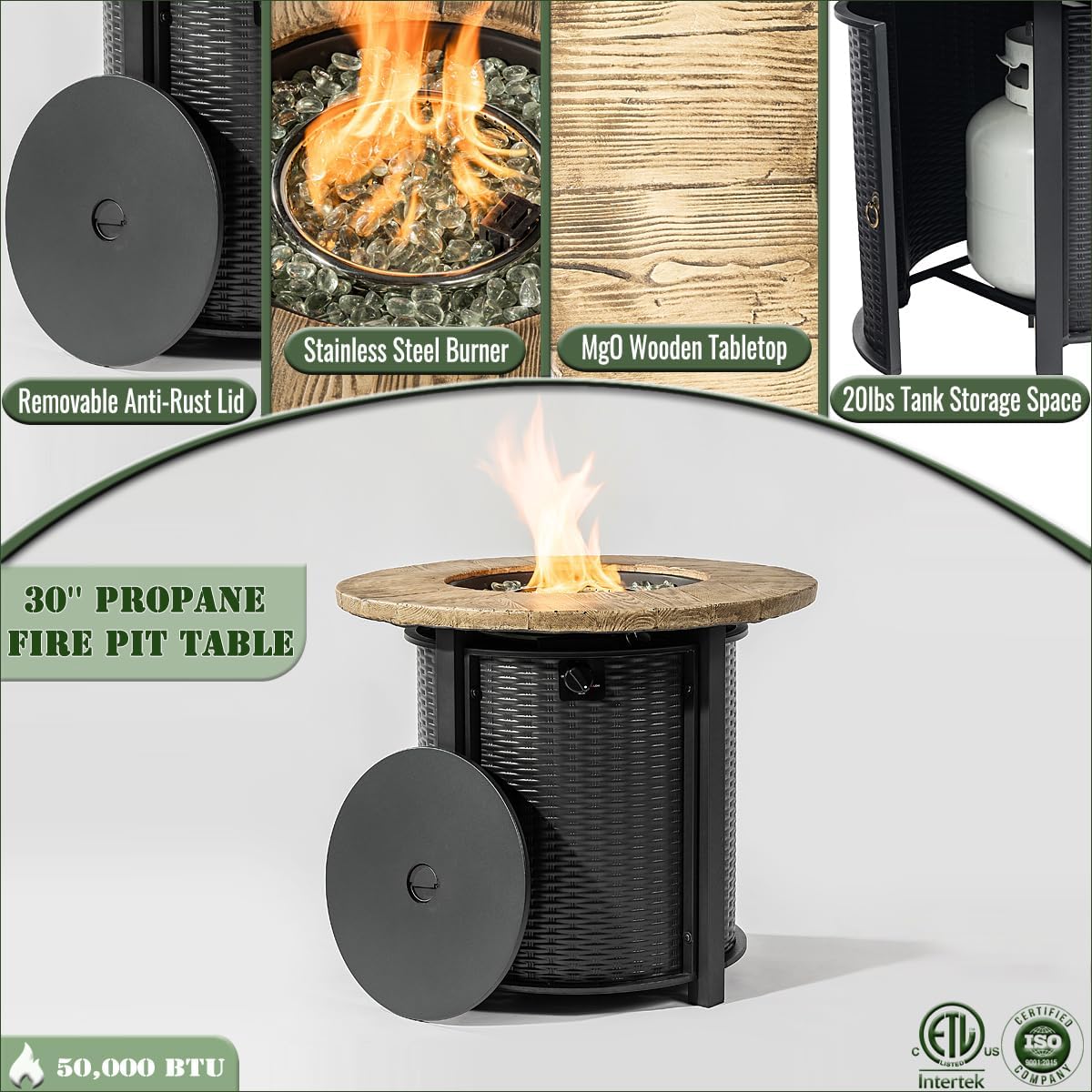 50000 BTU Round Steel Gas Fire Pits with Lid and Imitation Wood Grain Finish