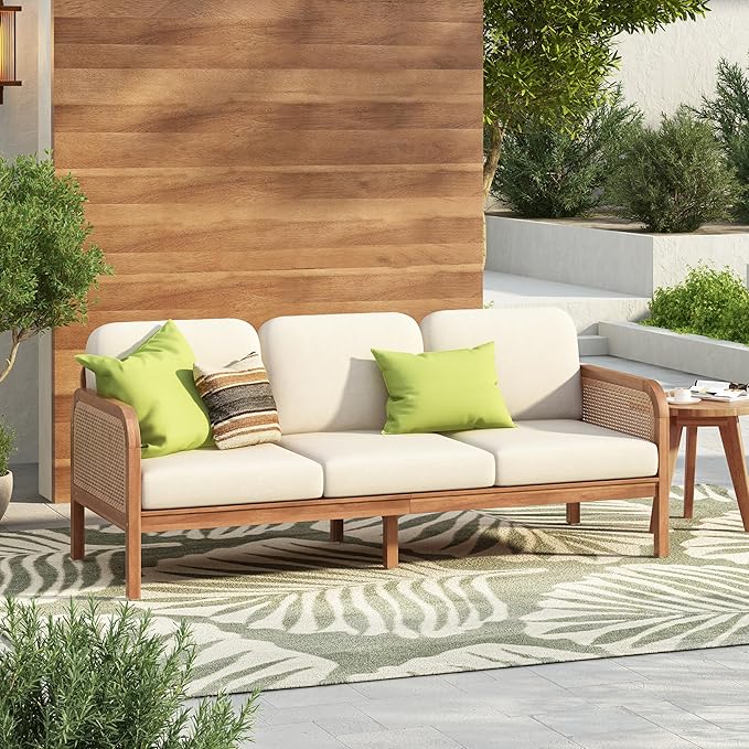 Wood Outdoor 3 Seater Sofa with PE Wicker Armrest