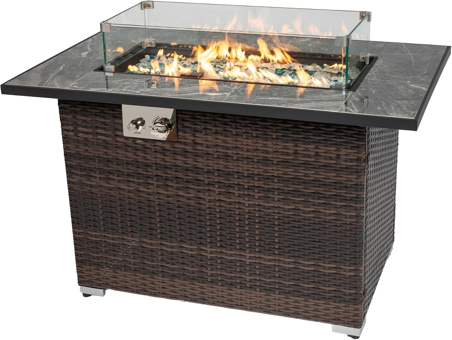 50000 BTU Rectangular Gas Fire Pits with Tile Tabletop and Beautiful Wicker Base