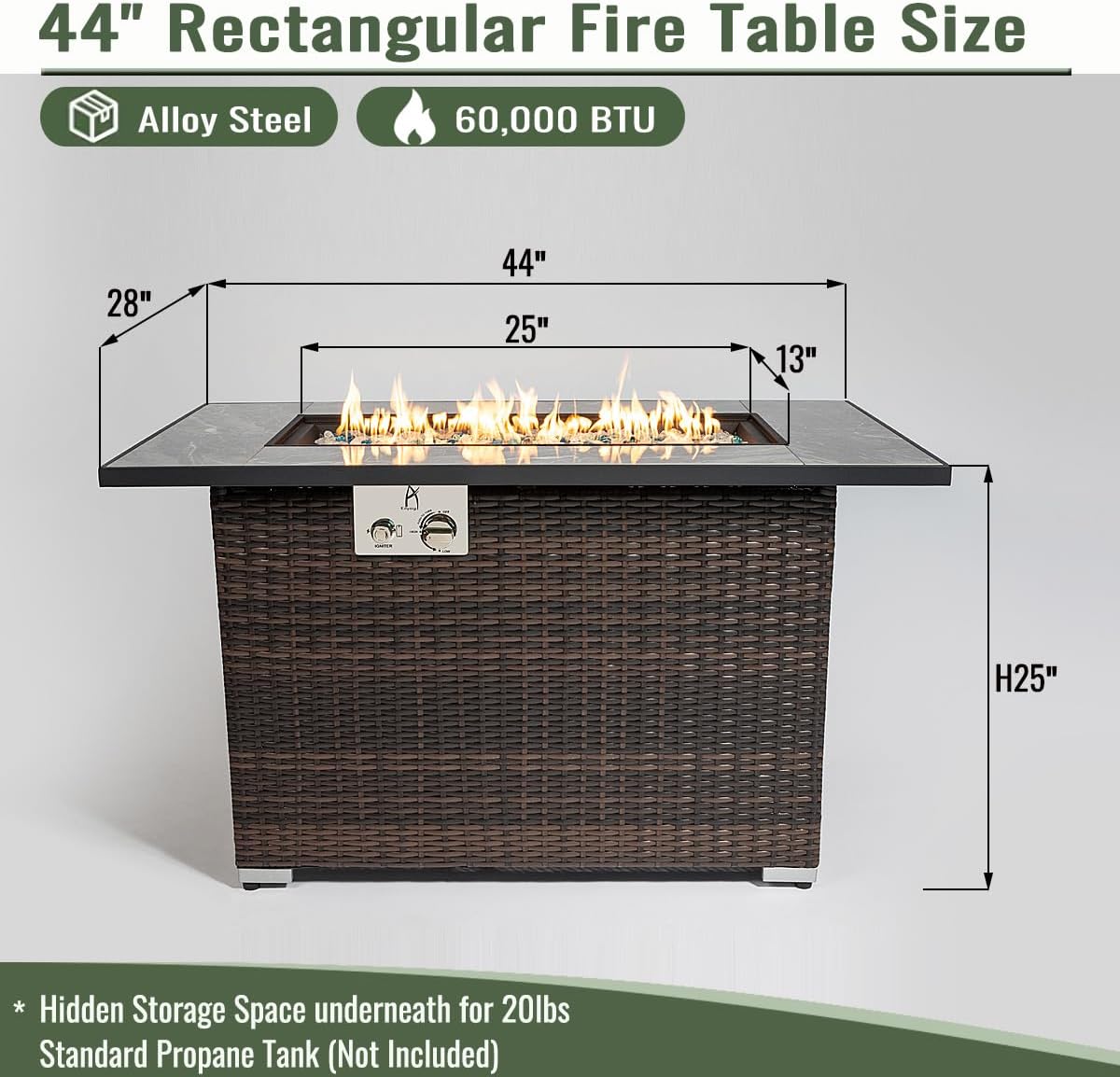 50000 BTU Rectangular Gas Fire Pits with Tile Tabletop and Beautiful Wicker Base