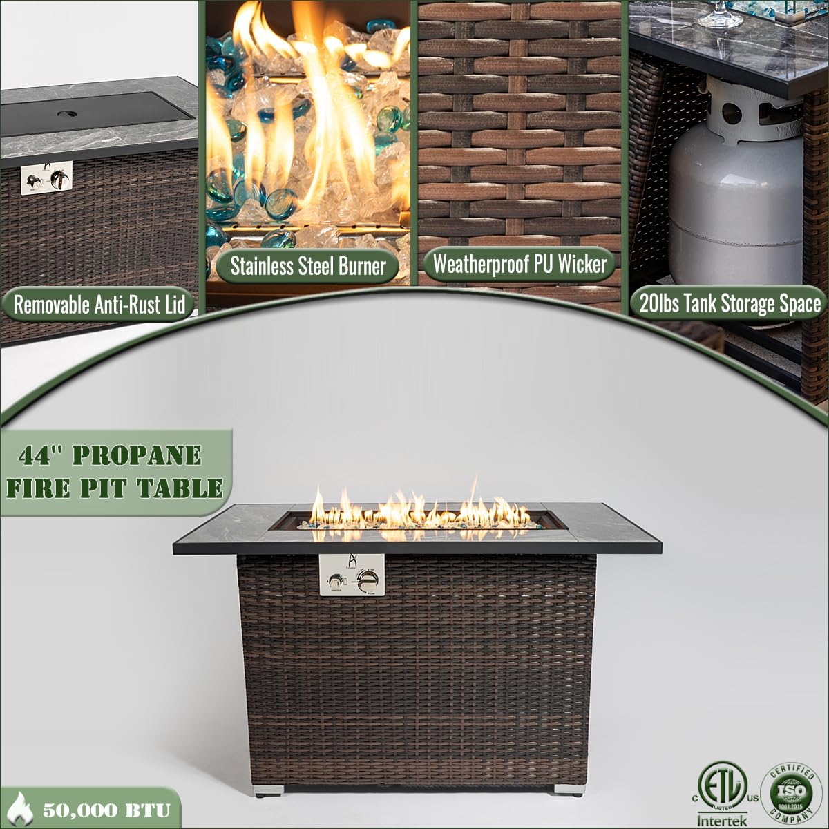 50000 BTU Rectangular Gas Fire Pits with Tile Tabletop and Beautiful Wicker Base