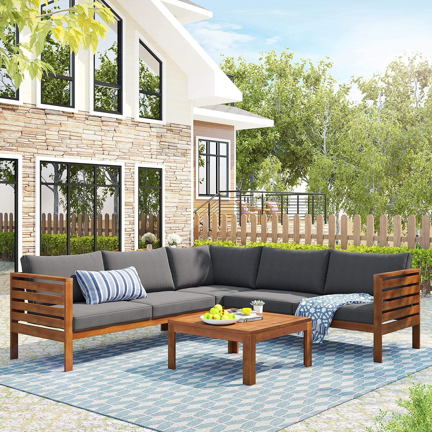 Outdoor Sofa Set with Grey Cushions, Acacia Wood Structure