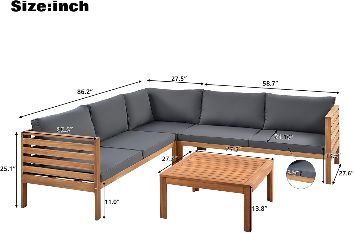 Outdoor Sofa Set with Grey Cushions, Acacia Wood Structure