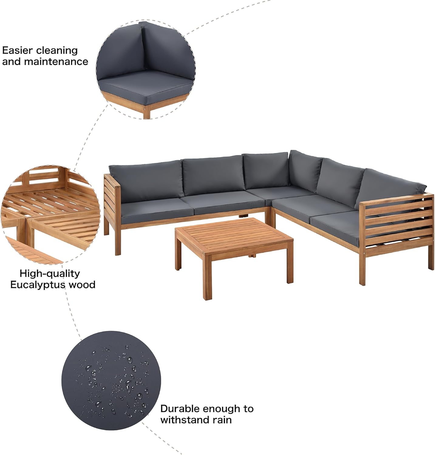 Outdoor Sofa Set with Grey Cushions, Acacia Wood Structure