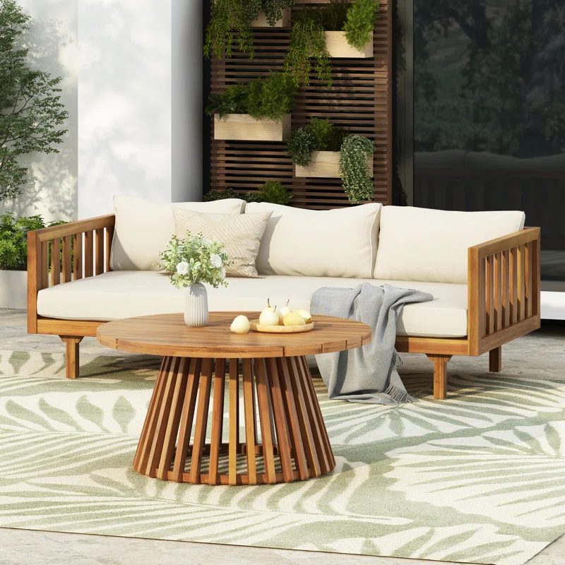 Outdoor Wicker Patio Conversation Furniture Set With Acacia Wood Coffee Table