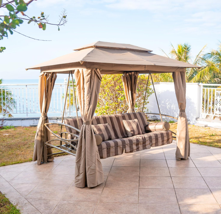  3 Person Outdoor Patio Porch Swing Gazebo with Netting & Gazebo Curtains with Canopy Swings for Adults
