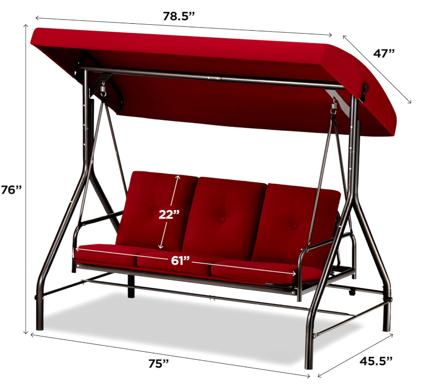 Porch Swing - 3-Seat Patio Outdoor Swing with Canopy for Adultes, Convertible Glider Bed, Thick Removable Cushions & Pillows for Backyard, Porch, Garden - Burgundy