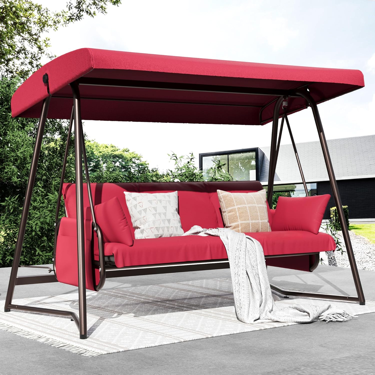 3-4 Person Oversized Outdoor Porch Swing with Adjustable Backrest Canopy,2-in-1 Swing Bed 800 lbs Capacity,Patio Swing with Removable Cushions for Yard Garden Poolside Balcony