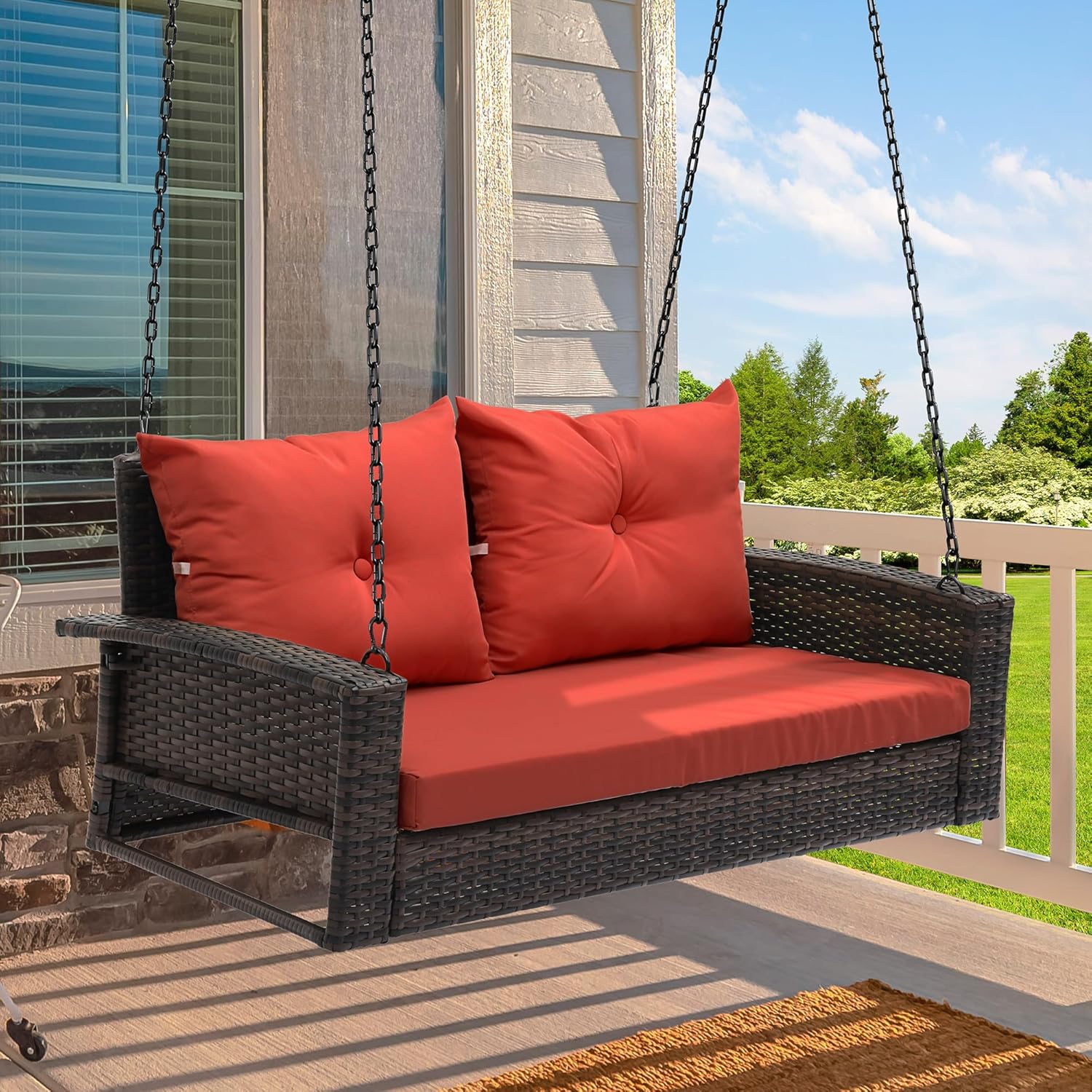  Hanging Porch Swing Chair Outdoor Brown Rattan Patio Swing Lounge