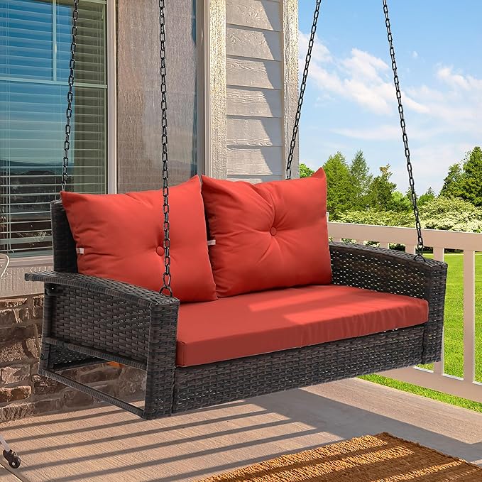  Hanging Porch Swing Chair Outdoor Brown Rattan Patio Swing Lounge