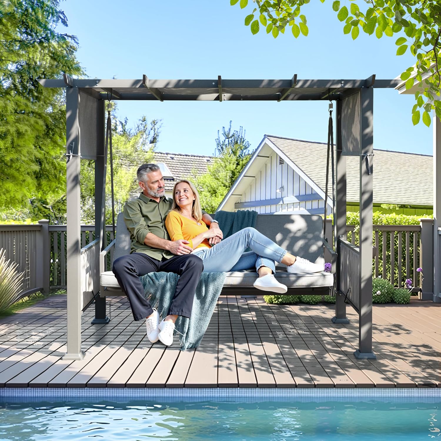 Pamapic 2-in-1 Convertible Porch Swing Bed, 3-Seat Elegant Patio Swing with Wicker Armrests, Outdoor Chair with Adjustable Canopy for Balcony, Garden, and Poolside, Gray