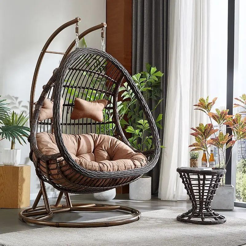 Hanging Egg Chair Swing With Steel Stand Set - All Weather Construction - Wicker Rattan Swing - Large Basket Design