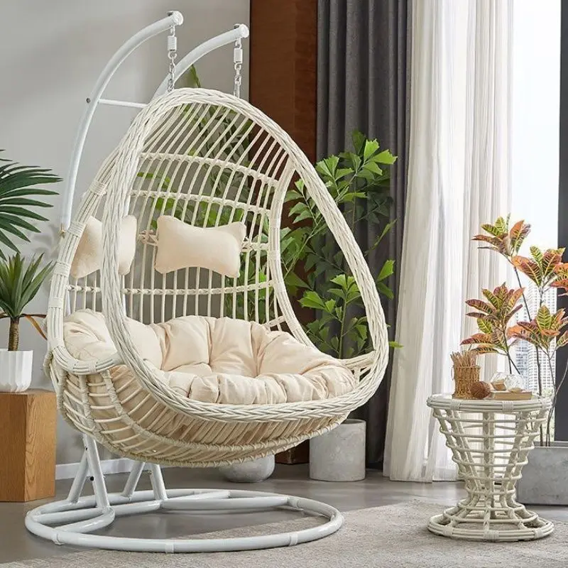 Hanging Egg Chair Swing With Steel Stand Set - All Weather Construction - Wicker Rattan Swing - Large Basket Design
