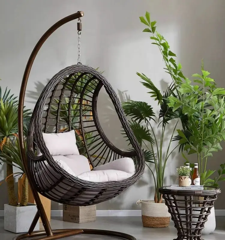 Hanging Egg Chair Swing With Steel Stand Set - All Weather Construction - Wicker Rattan Swing - Large Basket Design