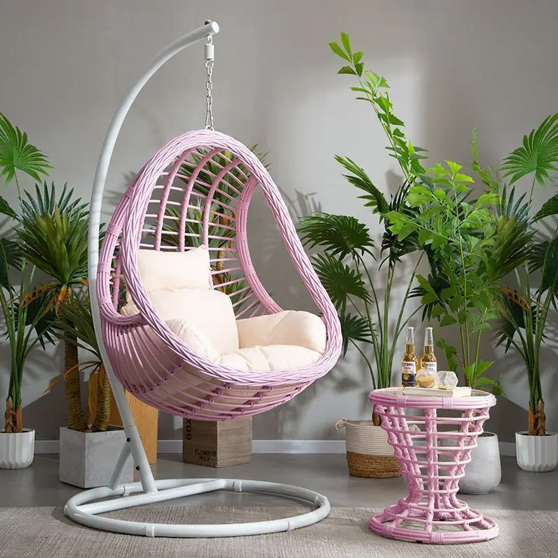 Hanging Egg Chair Swing With Steel Stand Set - All Weather Construction - Wicker Rattan Swing - Large Basket Design