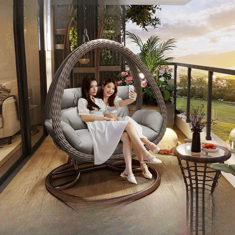Outdoor Indoor PE Rattan Hanging Basket Swing Chair Cushion Double-Person Capacity Courtyard Outdoor Furniture