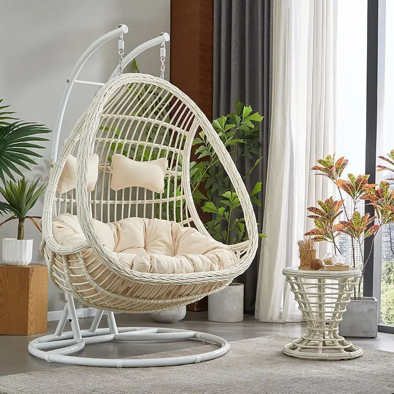 Hanging Egg Chair Swing With Steel Stand Set - All Weather Construction - Wicker Rattan Swing - Large Basket Design