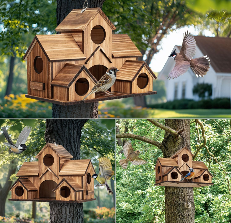 Bird Houses for Outside, 5-Hole Wooden Birdhouse for Bluebirds Finch Swallow Wren Chickadee Hummingbird, Hanging Bird House for Outdoor Clearance Garden Courtyard
