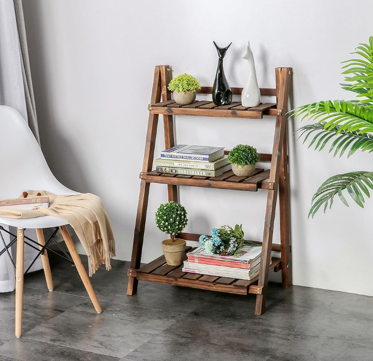 Folding Wooden Plant Stand, Indoor Flower Pot Holder Display Rack, Free Installation Corner Plants Storage Shelf, Foldable Rustic Wood Ladder Shelf for Home Patio Balcony Garden