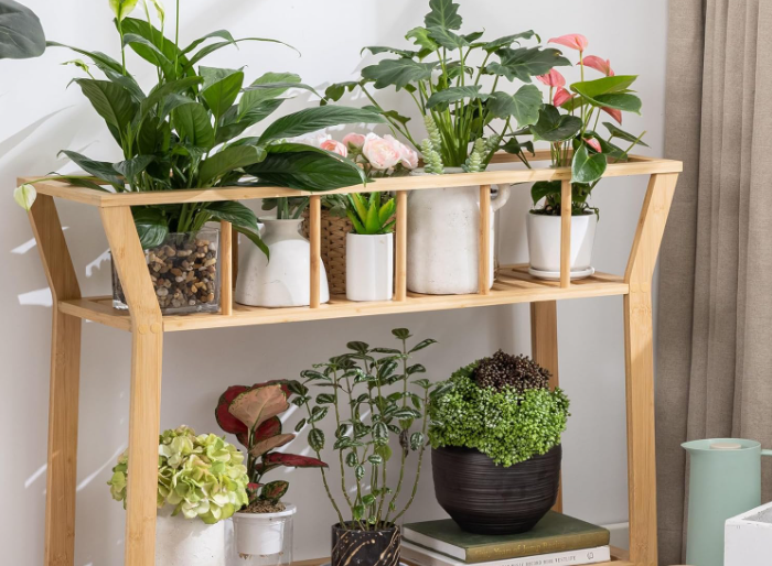 Bamboo Plant Stand Indoor 37.4"x11" 2 Tier Tall Plant Table Shelf Flower Pot Organizer Holder, Sofa Entryway Table for Window-sill Living Room Balcony