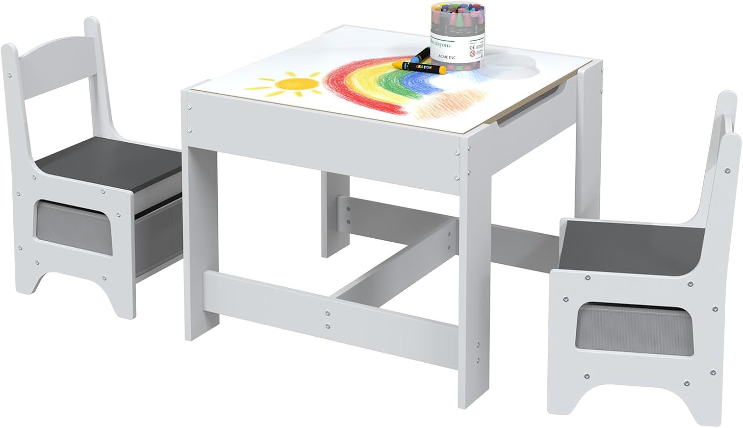 Table and Chair Set, 3 in 1 Wooden Kids Table and Chairs Activity Table with Detachable Graffiti Desktop & 3 Storage Bins for Ages 2-8