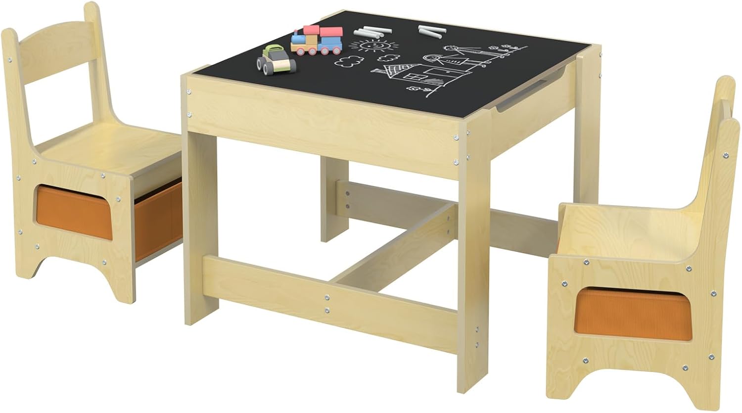 Table and Chair Set, 3 in 1 Wooden Kids Table and Chairs Activity Table with Detachable Graffiti Desktop & 3 Storage Bins for Ages 2-8