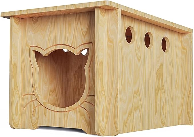 Pinewood Cat House, Wooden Bunny Rabbit Cat Hutch Outdoor Pet Cage Shelter Feral Cat House, Small Pet House and Habitats，Easy to Assemble