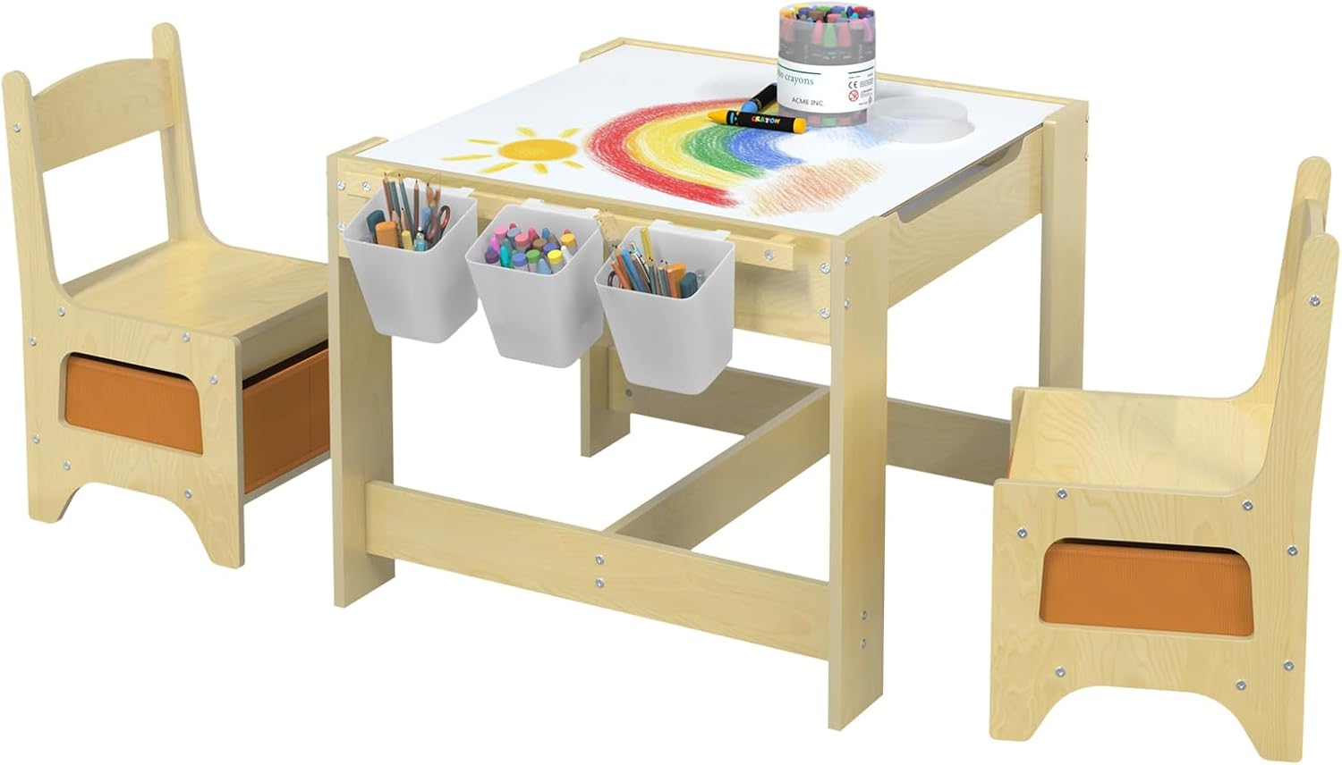 Table and Chair Set, 3 in 1 Wooden Kids Table and Chairs Activity Table with Detachable Graffiti Desktop & 3 Storage Bins for Ages 2-8