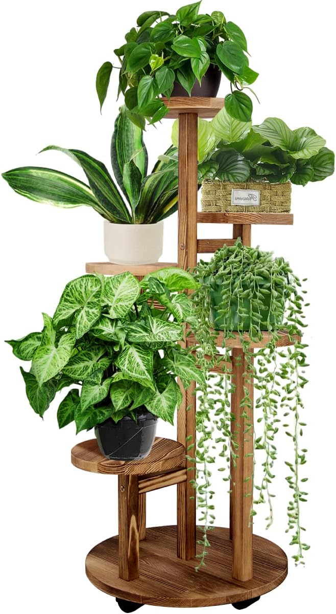 5 Tiered Tall Plant Stand for Indoor, Wood Plant Shelf Corner Display Rack, Multi-tier Planter Pot Holder Flower Stand for Living Room Balcony Garden Patio (Walnut)