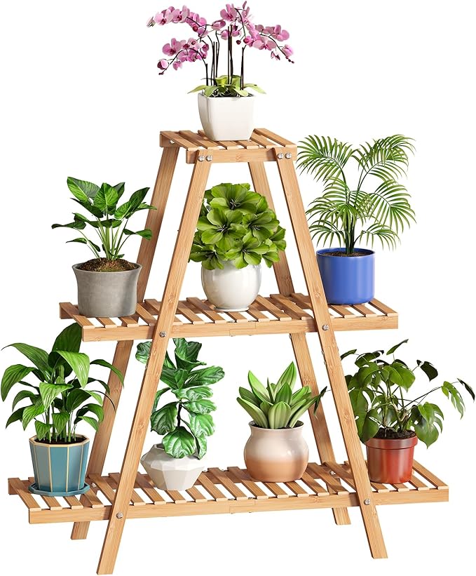  Plant Stand Bamboo for Indoor Outdoor Tiered Plant Shelf 8 Potted Flower Holder Ladder Rack Garden Balcony Living Room Patio(3 Tier Natural)