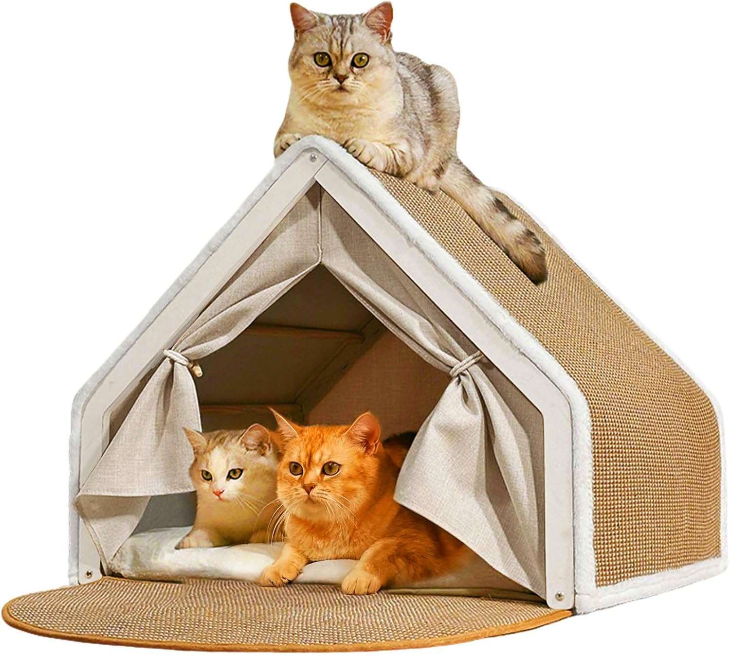 Cat Houses for Indoor Cats - 4 Seasons Cat Bed Cave with Natural Sisal Cat Scratcher Mat, Solid Wood Frame Cat House with Curtains and Cat Floor Scratching Pad Rug, Protect Couch and Carpets, S