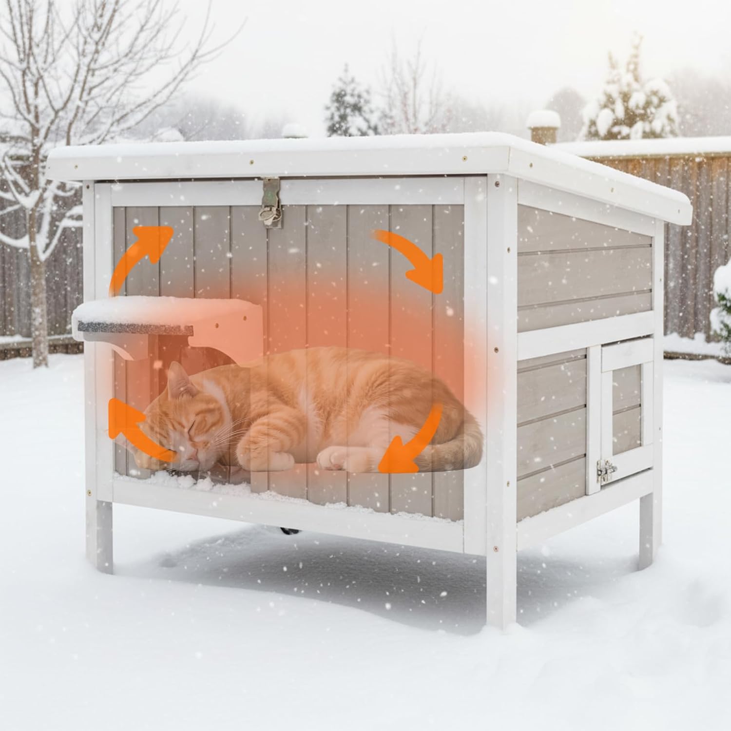Small Cat House Weatherproof, Wooden Feral Cat House Outdoor with Balcony, Internal Dividers, PVC Curtain Door, Outside Indoor Cats Shelter with Elevated Feet, Openable Roof, Grey