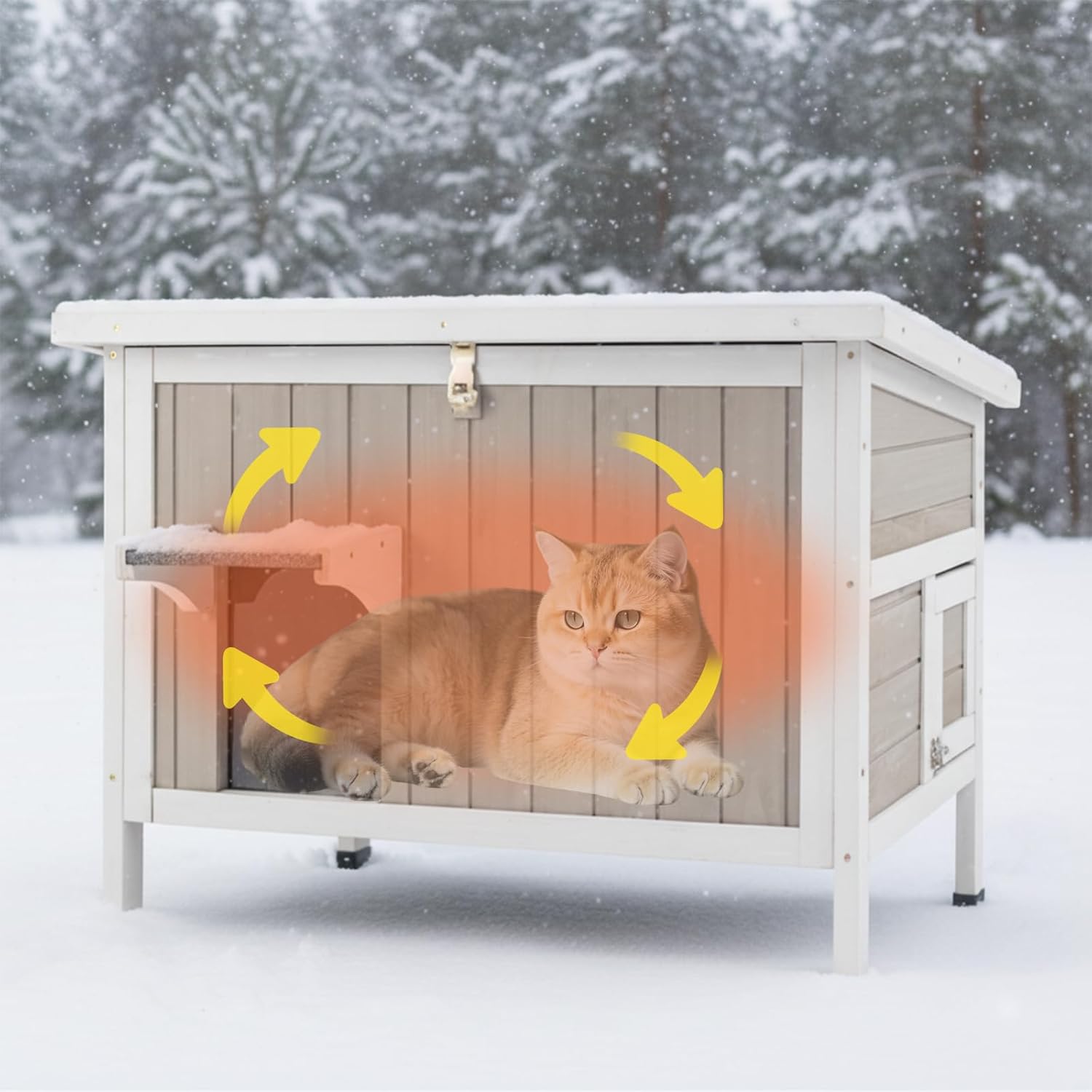 Small Cat House Weatherproof, Wooden Feral Cat House Outdoor with Balcony, Internal Dividers, PVC Curtain Door, Outside Indoor Cats Shelter with Elevated Feet, Openable Roof, Grey