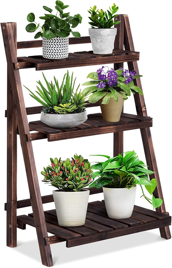 Folding Wooden Plant Stand, Indoor Flower Pot Holder Display Rack, Free Installation Corner Plants Storage Shelf, Foldable Rustic Wood Ladder Shelf for Home Patio Balcony Garden