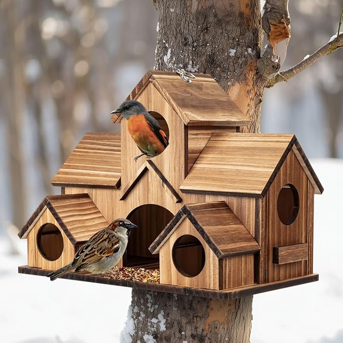 Bird Houses for Outside, 5-Hole Wooden Birdhouse for Bluebirds Finch Swallow Wren Chickadee Hummingbird, Hanging Bird House for Outdoor Clearance Garden Courtyard